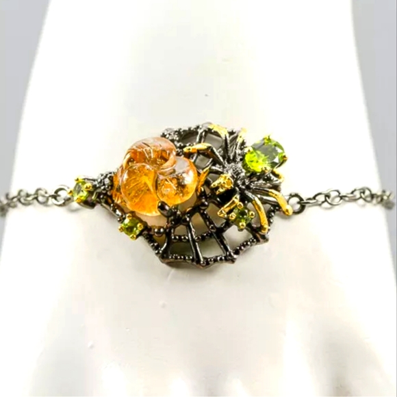 Hand carved Citrine & Peridot 8" Sterling & Rhodium bracelet - Picture 3 of 17